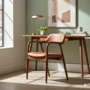 A vintage-inspired, mid-century modern unique desk chairs with a wooden frame and brown leather.