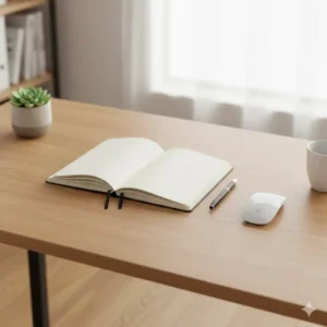 Minimalist wood office desk surface with a small plant and a notebook, showing ample workspace.