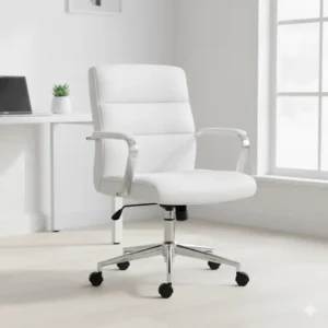 Full view of a white, leatherette modern task decorative office chairs on wheels, suitable for daily tasks.