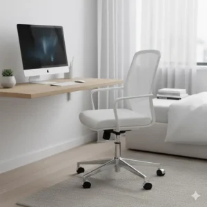 Sleek modern white swivel bedroom desk chair next to a minimalist bedroom desk.