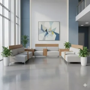 Versatile modular waiting room chairs configured as a sectional for efficient space utilization in a large lobby.