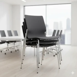 A group of four stackable office guest chairs, ideal for maximizing space in conference rooms. 