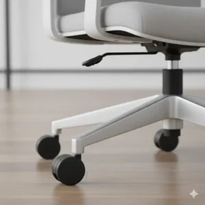 Detailed shot of the smooth-rolling casters on a stylish modern desk chair, designed for effortless movement across the floor.