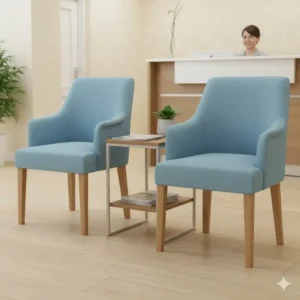 Two soft, durable fabric upholstered reception chairs with wooden legs, ideal for a comfortable medical or dental office. 