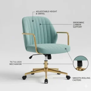 Showing the adjustable height mechanism and smooth-rolling casters of a modern girly office chair.