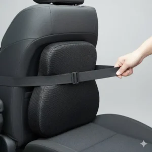 Adjustable elastic strap securing the lumbar pillow firmly to the back of a car seat.