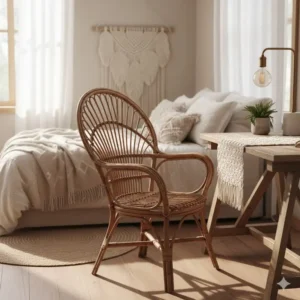 Stylish rattan bedroom desk chair adding a natural, bohemian touch to the workspace.