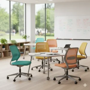 Flexible student chairs in a collaborative learning arrangement, perfect for group work and interactive classroom activities. 