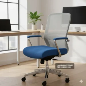 A modern comfortable fabric task chair designed for long hours of computer work, featuring a high-density foam seat.