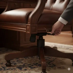 Showing the lever for easy pneumatic **height adjustment** on the base of the modern **wood and leather office chair**.