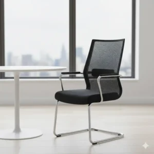 An ergonomic mesh office guest chair positioned at a small meeting table, prioritizing visitor comfort. 