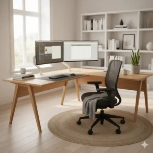 Complete home office desk with chair setup next to a window, illuminated by natural light.