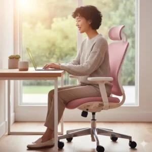 Happy person sitting in a comfortable pink chair, enjoying the many benefits of colorful desk chairs.
