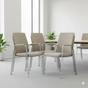 A group of four stackable modern office guest chairs in neutral tones, ideal for flexible meeting spaces.