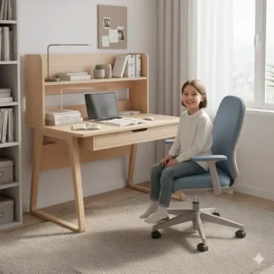 A functional student desk and chair set featuring a laptop, textbooks, and a desk lamp, set up for productive study.