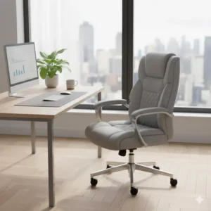 A stylish grey upholstered office chair perfectly situated in a contemporary home office environment.