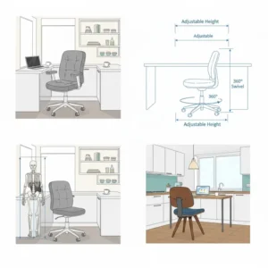 Diagram showcasing the adjustable height and swivel function of a practical kitchen desk chair for versatile use.