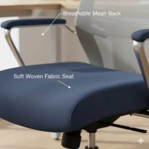 Detailed texture shot of the breathable fabric upholstery on a high-back office chair, emphasizing its soft feel.