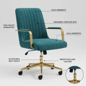 A chic velvet girly task chair in a deep teal color, offering comfortable seating for long working hours.