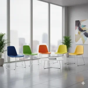 A vibrant set of colorful waiting room office guest chairs, providing a welcoming atmosphere for office guests. 