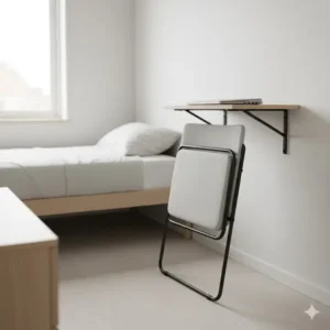 Compact folding bedroom desk chair that easily tucks away, ideal for a small bedroom or apartment.