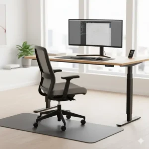 Modern electric standing desk with chair on a mat, positioned for easy height adjustment.