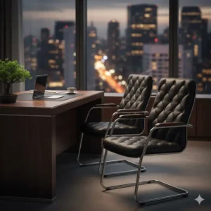 Luxurious black leather modern office guest chairs next to an executive desk.