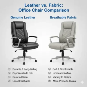 Side-by-side comparison of upholstered office chair materials: genuine leather versus breathable fabric options.