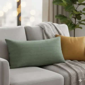 A comfortable, stylish lumbar pillow placed on a living room sofa, offering support and decoration.
