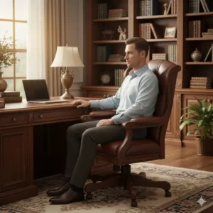A man comfortably working at a desk while seated in a stylish, supportive **wood and leather office chair**.