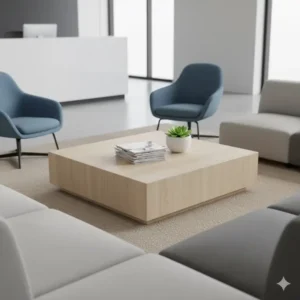 A contemporary wooden coffee table placed with magazines in the center of the reception room furniture arrangement.