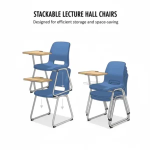 Demonstration of stackable classroom chairs with desk attached to optimize space and storage in large venues. 