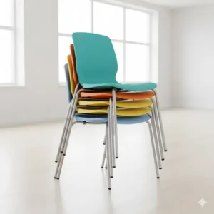Lightweight, stackable student chairs in vibrant colors, offering practical and space-saving seating solutions for schools. 
