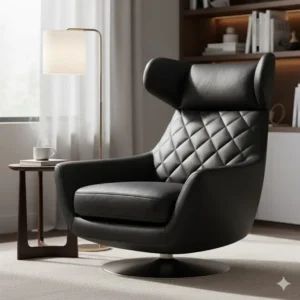 An image of a luxurious modern leather swivel lounge chair with a high back, perfect for a reading nook or living room.