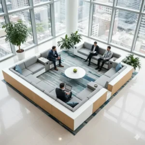 Overhead view of modular reception chairs arranged in an L-shape, demonstrating flexible seating configurations for a large lobby. 
