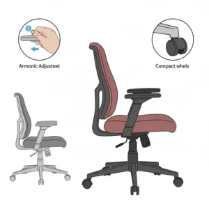 Graphic demonstrating how to adjust the armrests on the small ergonomic office chair to support elbows and shoulders. 