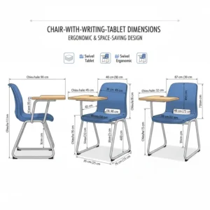 Technical diagram showing the specific dimensions and measurements of the compact chair with desk attached. 