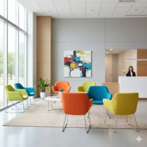 Bright, colorful modern office guest chairs arranged in a professional waiting room.