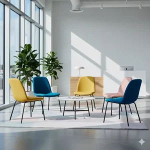 Set of bright, colorful accent waiting room chairs that add a vibrant touch to a contemporary reception area.