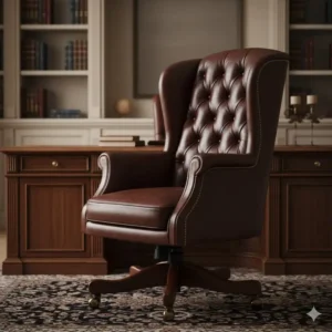 High-backed, dark brown leather executive decorative office chairs with deep tufting.