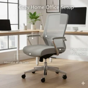 Full shot of a gray fabric office chair neatly placed behind a white desk in a cozy, minimalist home office setup.