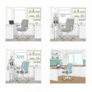 Technical illustration of an ergonomic backrest on a kitchen desk chair, highlighting optimal lumbar support for comfort.