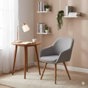 Image showing a living room desk chair neatly tucked under a writing desk to save space.