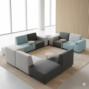 Flexible, modular sofa sections that allow for various configurations of reception room furniture seating.