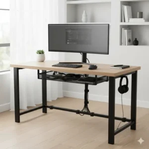 Organized office desk featuring effective cable management, keeping the workspace tidy and clear.
