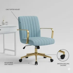 Full shot of a beautiful pastel blue swivel girly office chair next to a white modern desk.