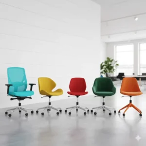 A wide range of colorful desk chairs displayed side-by-side to show different styles and heights.