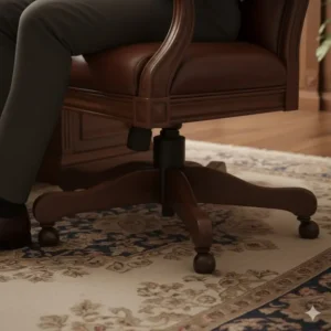 View of the durable, smooth-rolling **casters** and five-star base under the luxurious **wood and leather office chair**.