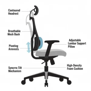 Cross-section graphic illustrating the supportive mesh back and contoured armrests of a new modern swivel chair model.