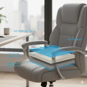 Detailed view of the extra-thick seat cushion, highlighting the superior padding for comfort in an upholstered chair.